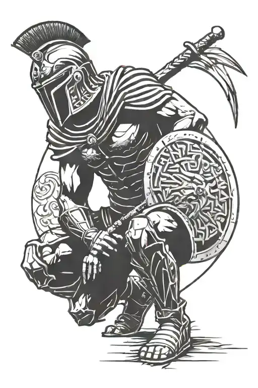 Side Profile Of A Spartan Kneeling With One Hand On His Sword That's Impapled Into The Ground