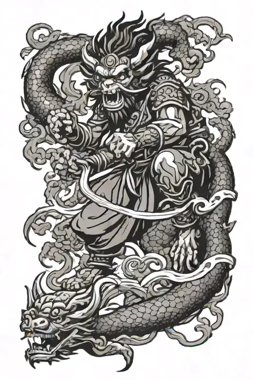 A Modern Interpretation Of The Monkey King Battling A Dragon In A Traditional Japanese Style