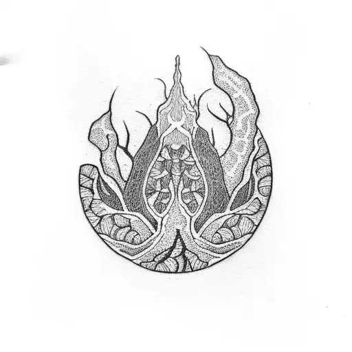 A Dotwork Tattoo Of A Camera Lens Surrounded By Intricate Plant Roots