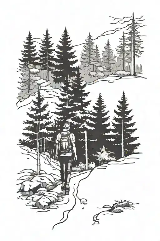 Man Walking On Trail Into Forest Full Of Pine Trees