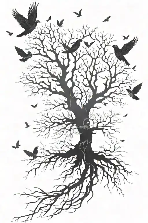 Posion Tree With Birds Flying Around It And 2 Dead Birds On The Ground