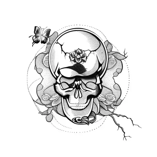 Skull Inside A Hourglass With Tree And A Butterfly