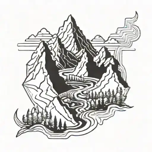 A Geometric Mountain Range With A Winding River Running Through It