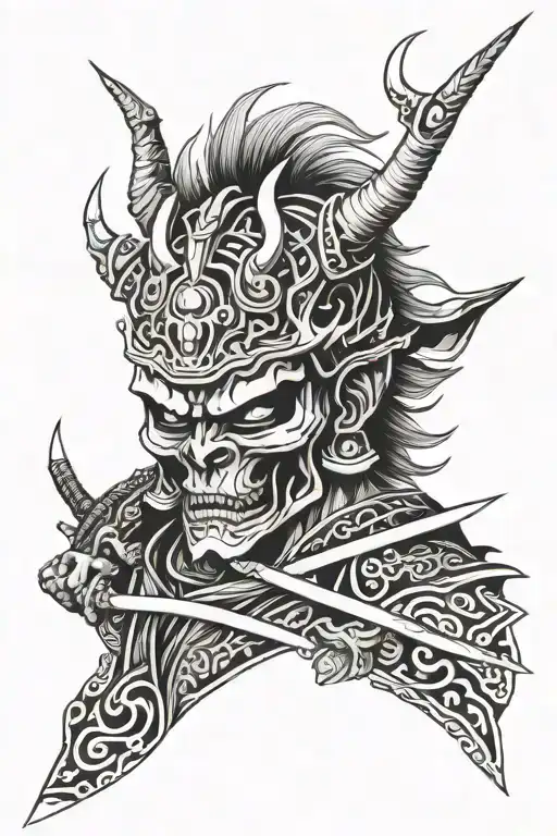 Samurai Warrior Skull Oni Tribal Shin Design