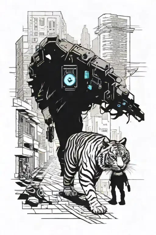 Cyberpunk City With Guy And Tiger Walking Together Inside