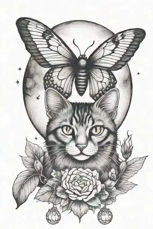 Moth With Cat And Moon