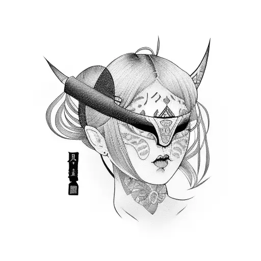 Girl In A Japanese Mask With A Bat