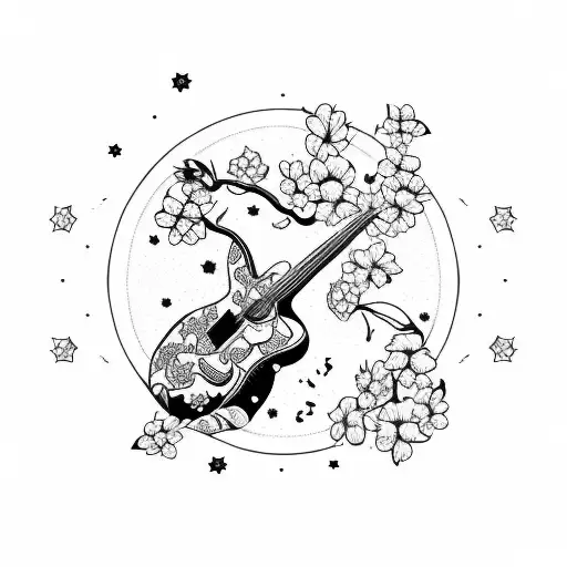 Guitar With Cherry Blossoms And Stars