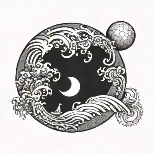 Circular Black And White Tattoo Incorporating The Moon And The Ocean