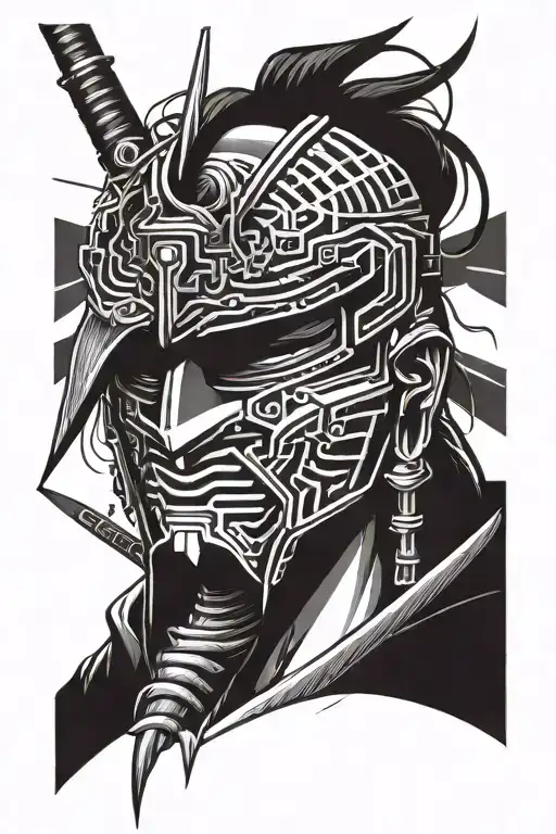Cyberpunk Samurai Mask Surrounded By Cybernetics