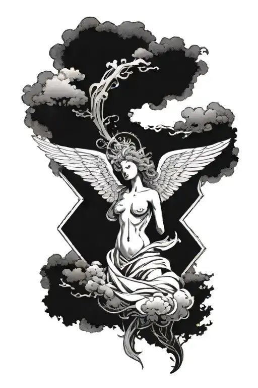 Angel Descending From Heaven With A Background On One Side Of The Chest With A Forest