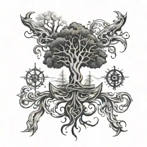 A Family Tree Intertwined With Nautical Elements Like Anchors And Waves