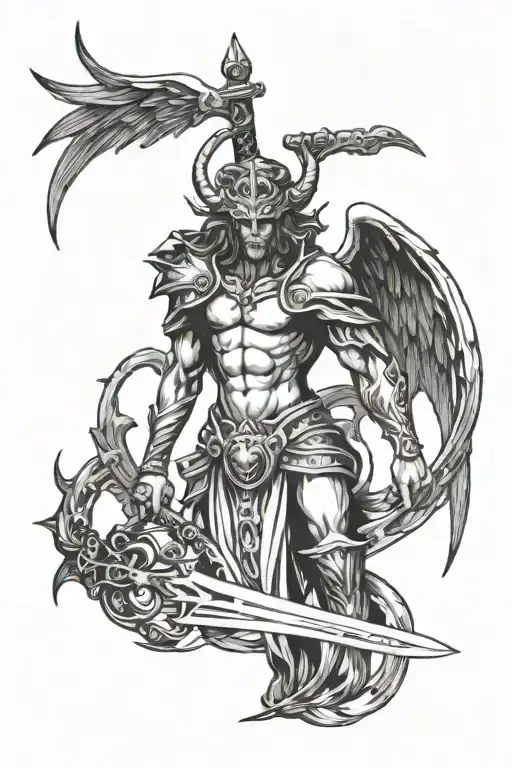Angelic Figure With Sword And Halo Striking Demon