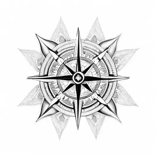 An Intricate Blackwork Tattoo Of A Compass Rose Intertwined With Tropical Foliage And Ocean Waves