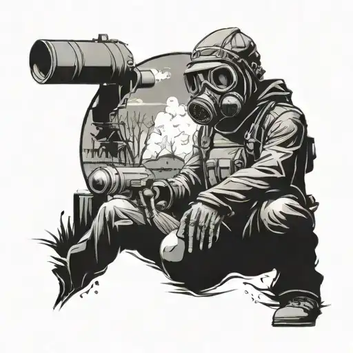 Whole Body Guy In Gas Mask Post Apocalyptic Landscape