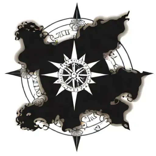An Elegant Blackwork Compass Rose Surrounded By Mythological Creatures From Different Cultures