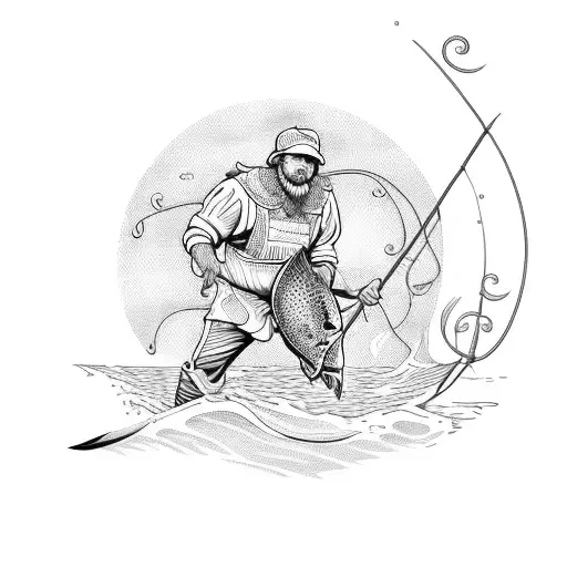 An Intricate Blackwork Design Of A Fisherman Reeling In A Fish With A Bible Verse Intertwined