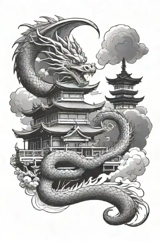 A Dragon Wrapped In A Japanese Temple In A Cloudy Night Sky