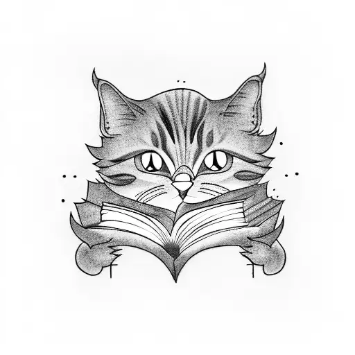 A Blackwork Tattoo Of A Cat Reading A Book In A Spooky Halloween Setting