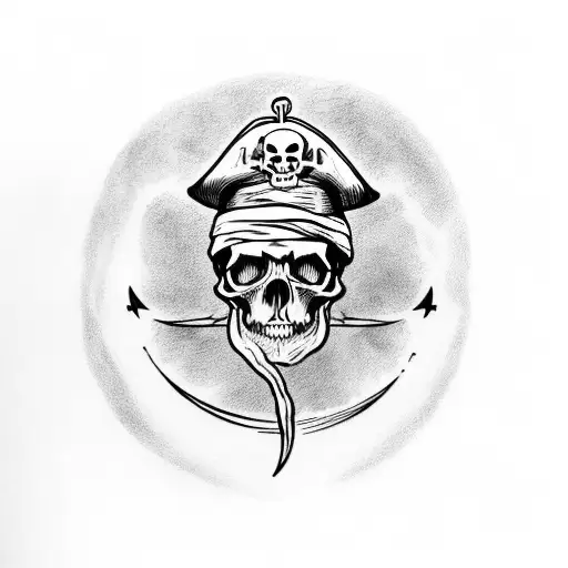 A Skull Wearing A Pirate Hat Reading A Book Under A Crescent Moon