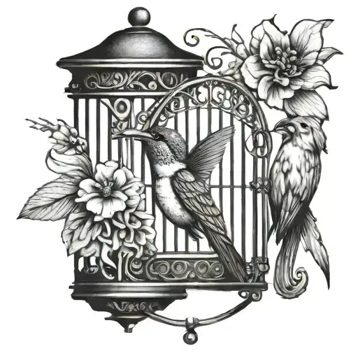 Vintage Birdcage With Humming Bird In It With Door Open