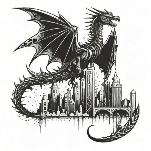 A Futuristic City Skyline With A Robotic Dragon Flying Overhead