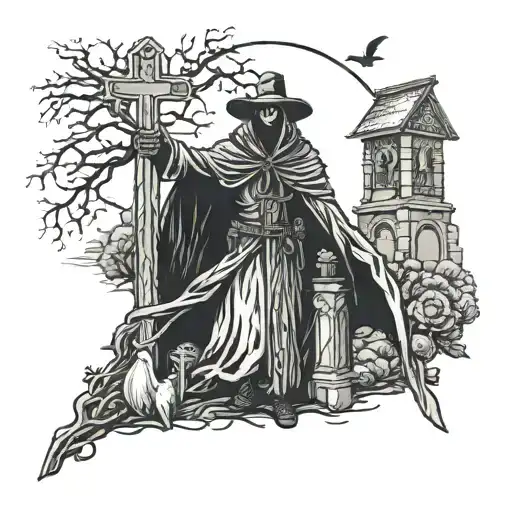 Black Plague Doctor Beneath Him A Cemetery Full Of Crosses And Dead People