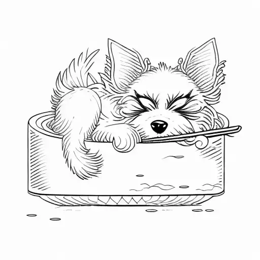 A Black Cartoon Terrier With Scraggly Hair Sleeping On A Square Of Sushi Rice
