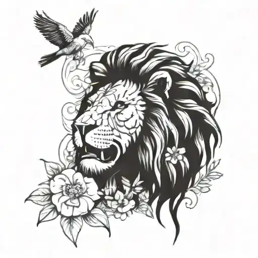 A Majestic Lion Roaring In A Lush Jungle Setting Surrounded By Vibrant Flowers And Exotic Birds