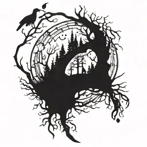 A Mystical Forest Scene With Musical Notes Intertwined In The Branches