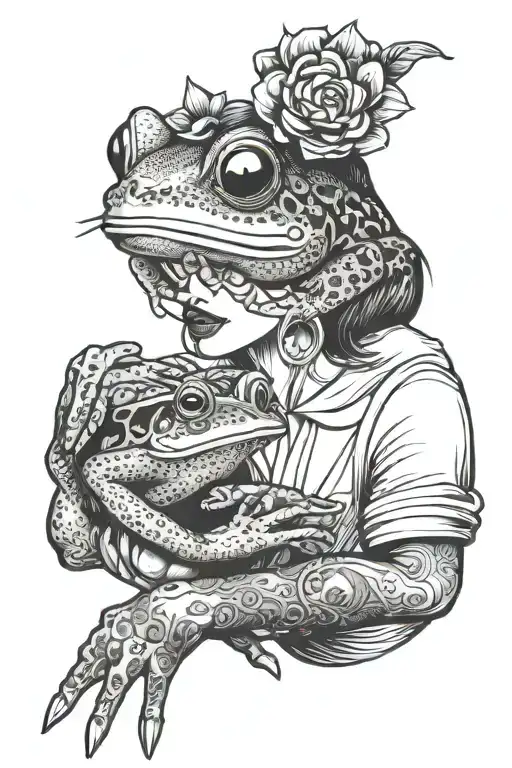 Beautiful And Dark Woman Holding A Frog In Her Open Hand And Giving It A Kiss