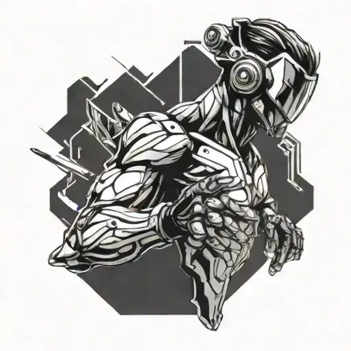 A Futuristic Cyborg Warrior Practicing Martial Arts In A Virtual Reality Gym