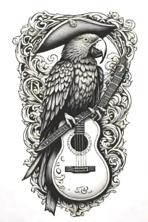 Parrot Pirate Hat Perched On Guitar