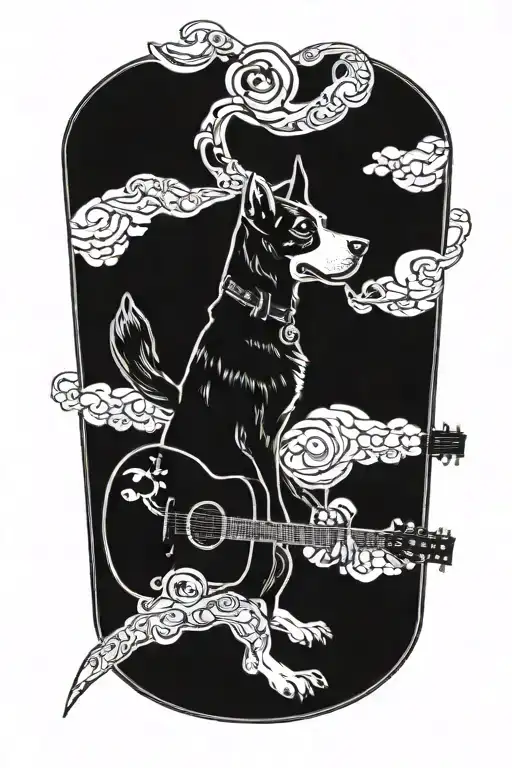 A Dog Playing A Guitar With Grateful Dead Symbols In The Background