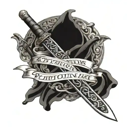 Fortis Fortuna Adjuvant Written On A Silk Band Wrapping Around A Damascus Katana