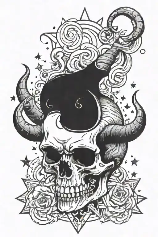 Skull With Devil Horns Surrounded By Stars And Smoke