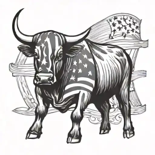 Bull With American Flag In Background