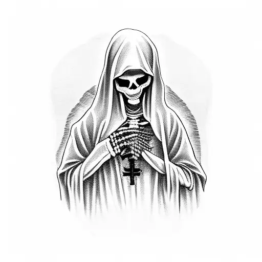 Skeleton Nun With A Finger On Her Mouth And A Burning Church In The Background