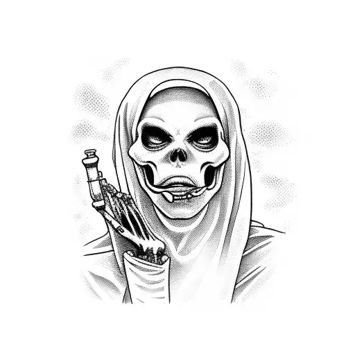 Skeleton Female Nun With A Finger On Her Mouth And A Burning Church In The Background