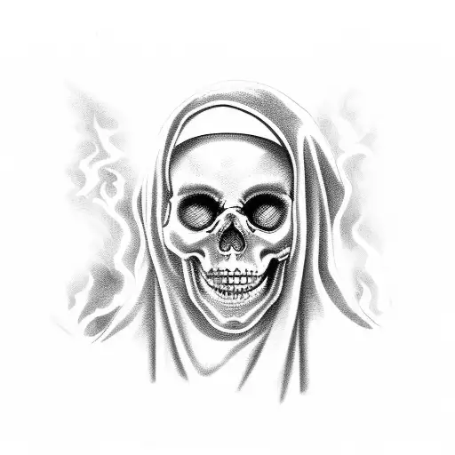 Skeleton Female Nun With A Finger On Her Mouth And A Burning Church In The Background