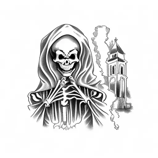 Skeleton Nun Shushing With A Burning Church In The Background
