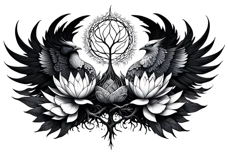 Phoenixes Rebirth Lotus Flowers Awakening And Tree Of Life Interconnectedness