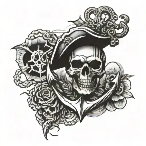 Tattoo Of A Marine Anchor With Pirate Skull With The Inscription Med