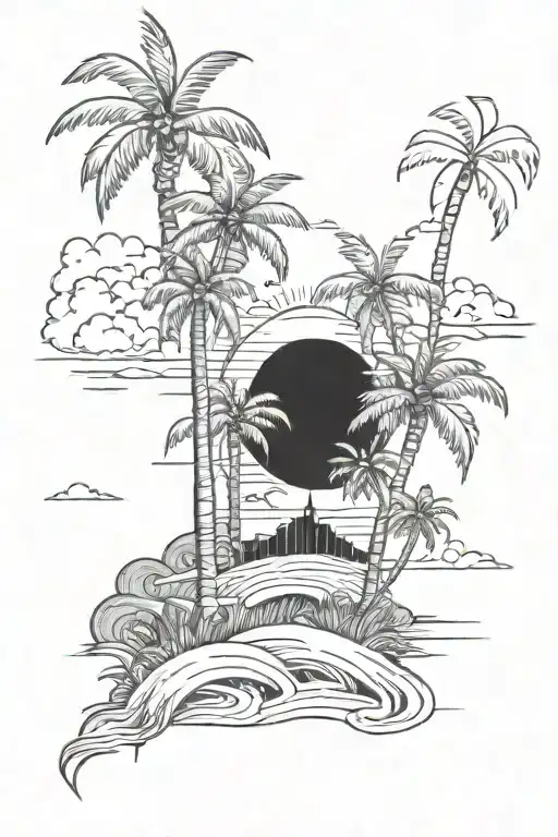 History And Beach Scene With Palm Trees