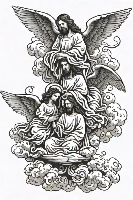3 Angels Each Above The Other Each Sitting On A Separate Cloud And Jesus Is Above Them