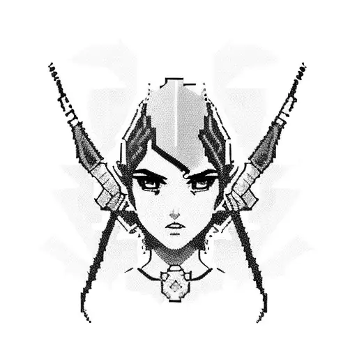 Fierce Black-haired Bad Girl Wielding A Pixelated Sword In A Dystopian Computer Game