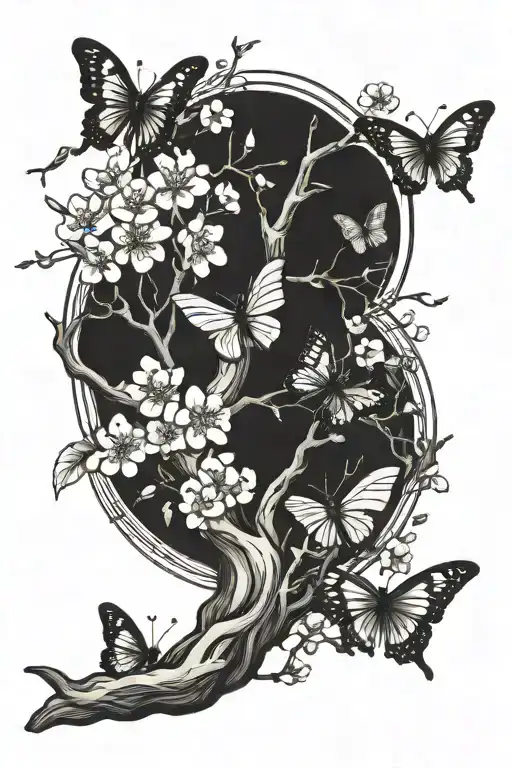 Cherry Blossom Tree With Butterfly's Flying Up It