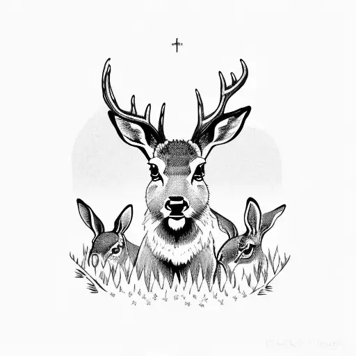 Deer Standing In A Field With Rabbits By A Lake Image Bordered By Fishhook