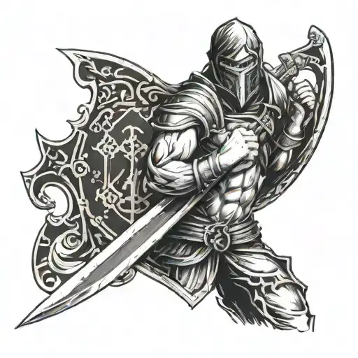 A Design Of A Fighter With No Armor On Holding A Sword With A Shield And A Cross On It Tattoo Idea