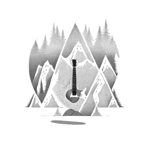 A Guitar Surrounded By Mountains And Trees